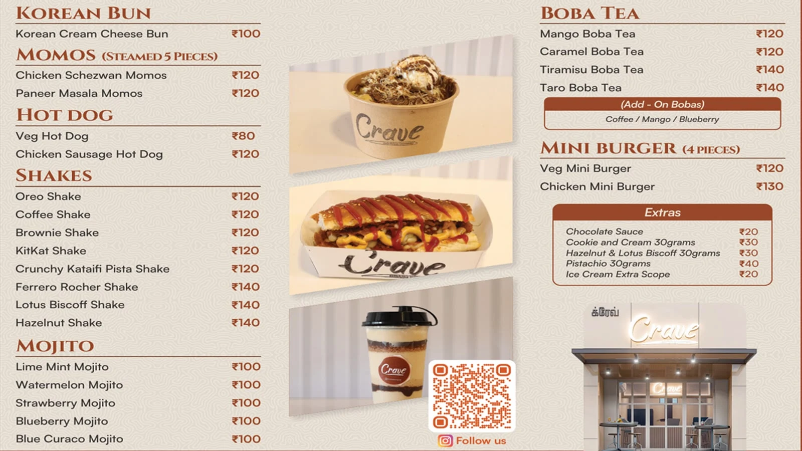 Crave menu with buns, momos, hot dogs, shakes, mojitos, boba tea, mini burgers, and extras