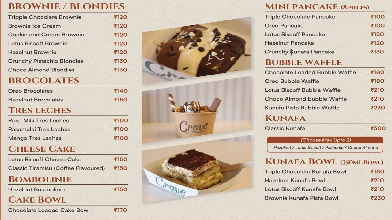 Crave menu with brownies, brocolates, tres leches, cheesecake, pancakes, bubble waffles, kunafa, and bowls